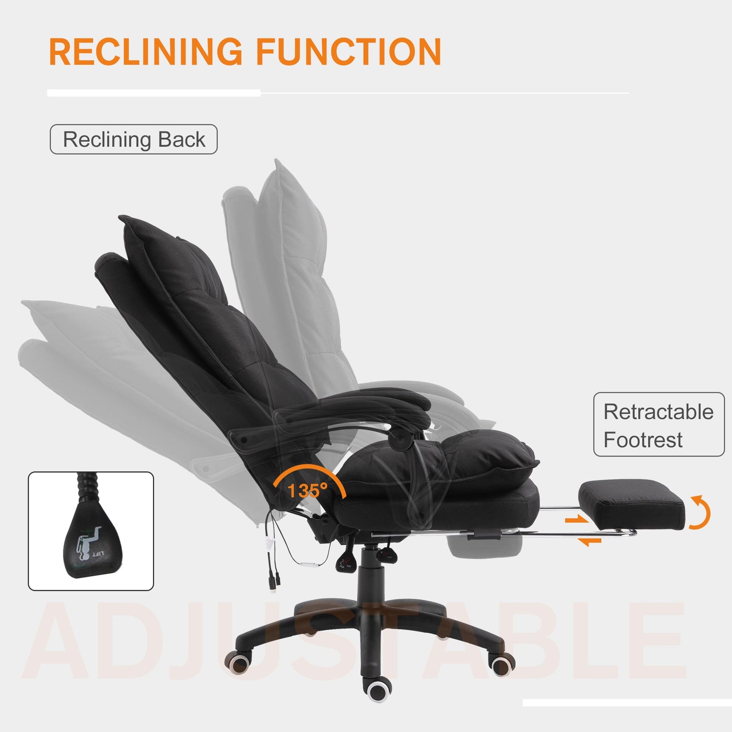 Height Adjustable Office Chair with 6 Massage Points, in Linen Effect Fabric, 70x62x120-130 cm, Black