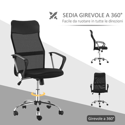 Ergonomic Office Chair Swivel and Rocking with Wheels, Adjustable Height and Mesh Backrest, 63x65x109-119 cm, Black
