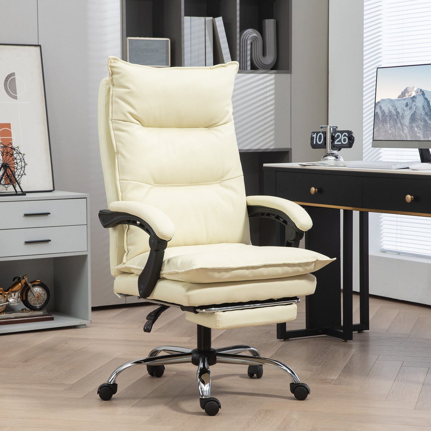Ergonomic Office Chair, Reclining Desk Chair, Footrest, Beige