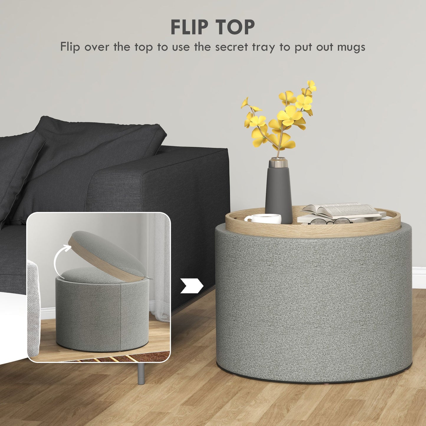 Linen Effect Storage Ottoman, 120 kg max, with Flip-Top Tray, in MDF, 56x56x42 cm, Grey