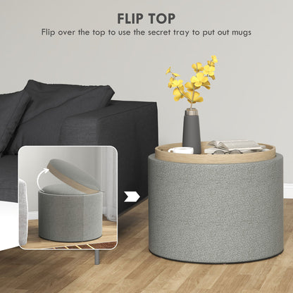 Linen Effect Storage Ottoman, 120 kg max, with Flip-Top Tray, in MDF, 56x56x42 cm, Grey