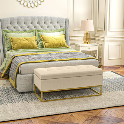 Rectangular Storage Bench with Padded Seat and Steel Legs, 110x44x49 cm, Beige