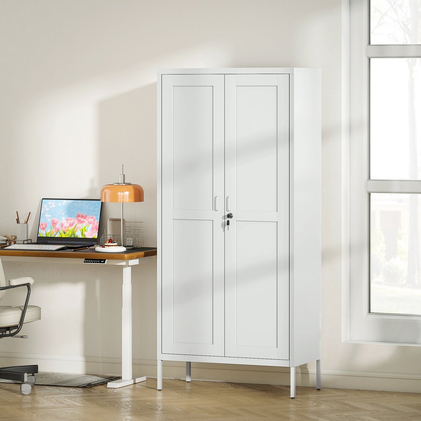 3-Tier Adjustable Steel Office Cabinet with Lock and 2 Keys, 80x40x175cm, White