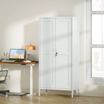 3-Tier Adjustable Steel Office Cabinet with Lock and 2 Keys, 80x40x175cm, White