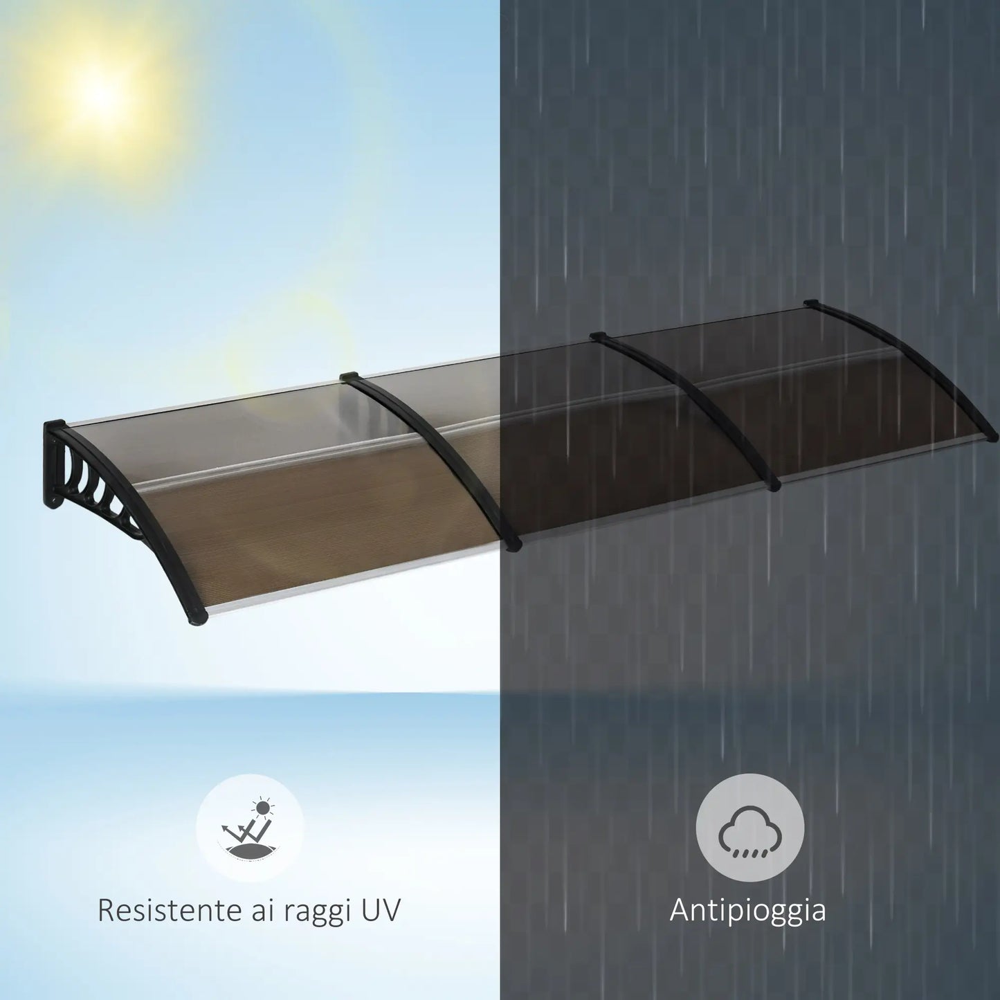 Outdoor Canopy for Windows and Doors, in Polycarbonate and Aluminum, 303x100x26cm - Brown