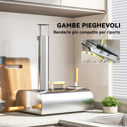 Wood Pellet Pizza Oven with Refractory Stone and Shovel, Stainless Steel, 79x36x75 cm, Silver