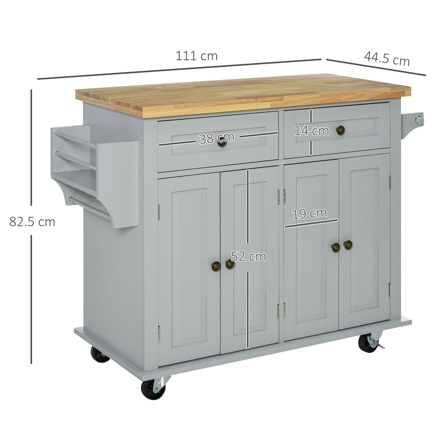 Kitchen Trolley with 2 Drawers and 2 Cabinets, Wooden Top, Spice Rack and Tea Towel Holder, Grey