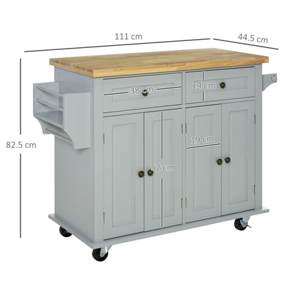 Kitchen Trolley with 2 Drawers and 2 Cabinets, Wooden Top, Spice Rack and Tea Towel Holder, Grey