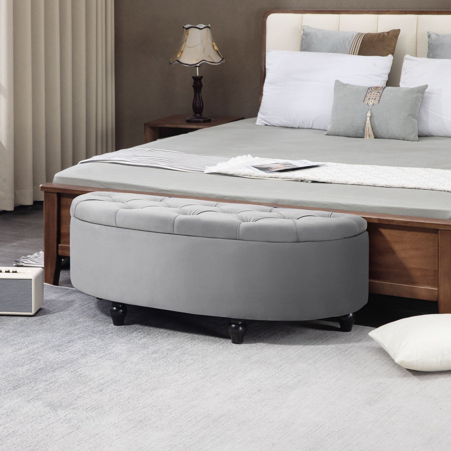 Padded Semicircle Bedside Storage Bench, Velvet and Wood, 120x46x42 cm, Light Grey