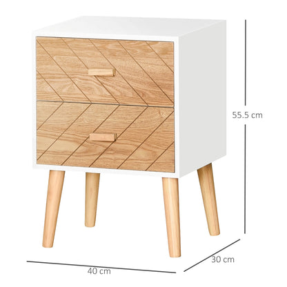 wooden bedside table 2 Scandinavian style drawers, white and wood, 40x30x55.5cm