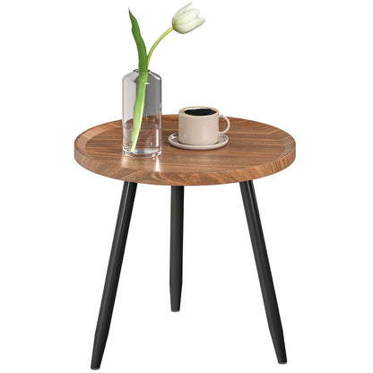 Round Coffee Table with Raised Edge and 3 Legs, in Wood and Steel, Ø40x39 cm, Black and Wood Color