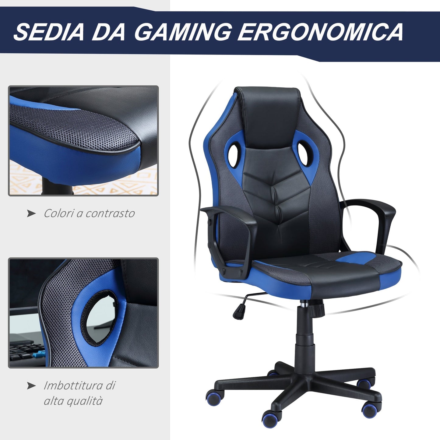 Ergonomic Gaming Chair, Swivel Office Chair with Wheels in Black and Blue PU Leather, Adjustable Height
