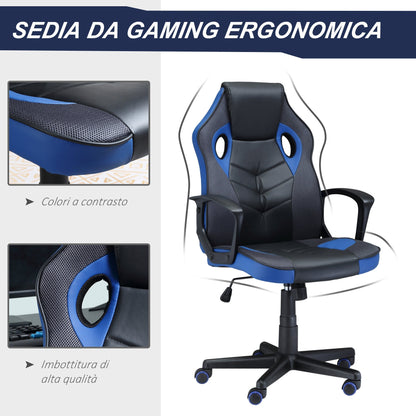 Ergonomic Gaming Chair, Swivel Office Chair with Wheels in Black and Blue PU Leather, Adjustable Height