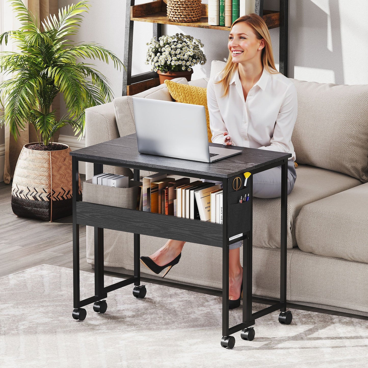 Space-Saving Folding Drop-Leaf Desk with Shelf, Storage Pocket and Wheels, Black