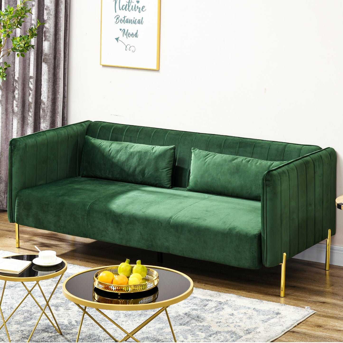 DELUX | Modern 3 Seater Sofa with Padded Cushions, Steel Legs and Velvet Fabric, 200x88x76 cm, Green