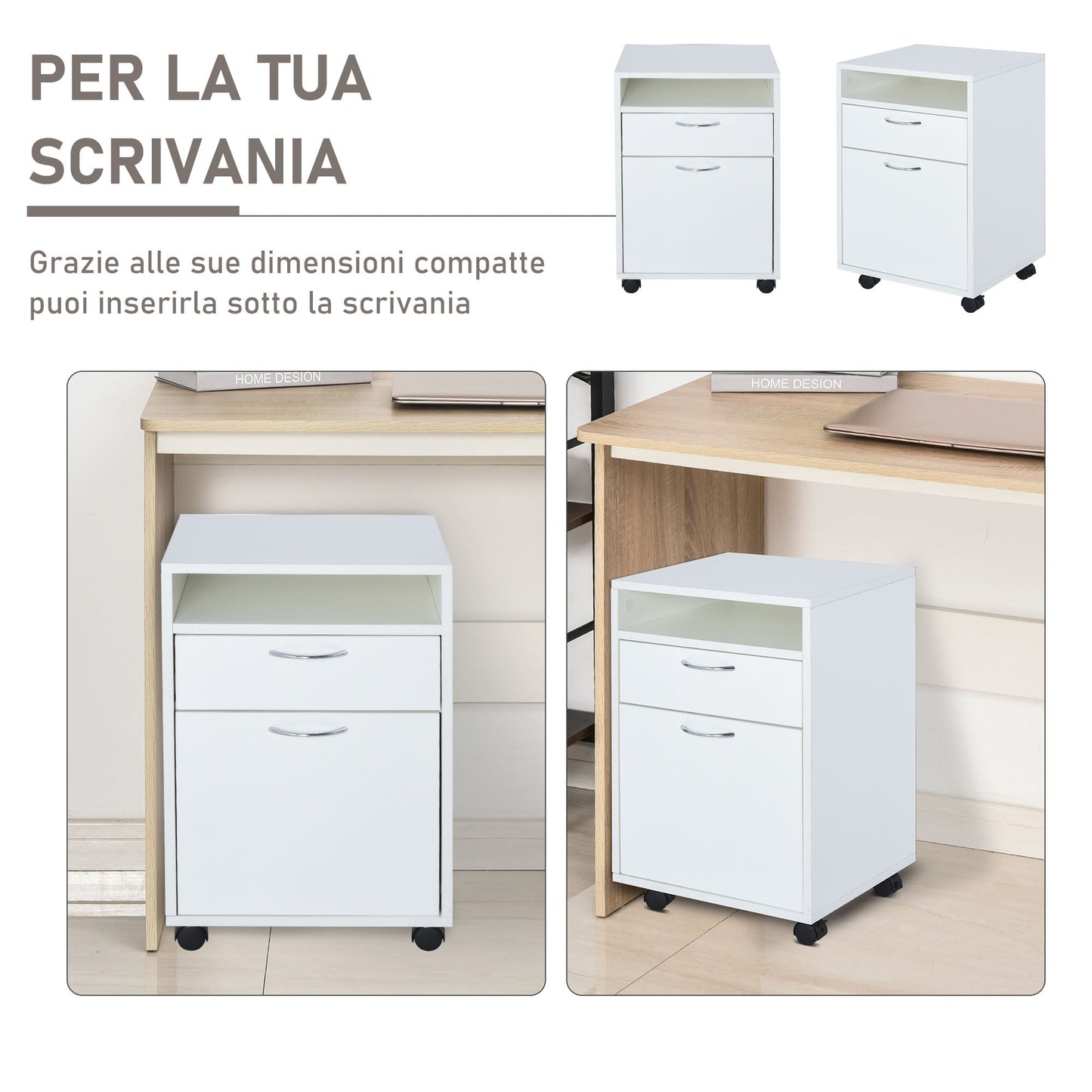 4-Wheel Office File Cabinet with Open Shelf and 2 Drawers, Wood and Metal Office Storage Unit, 40x35x60 cm, White
