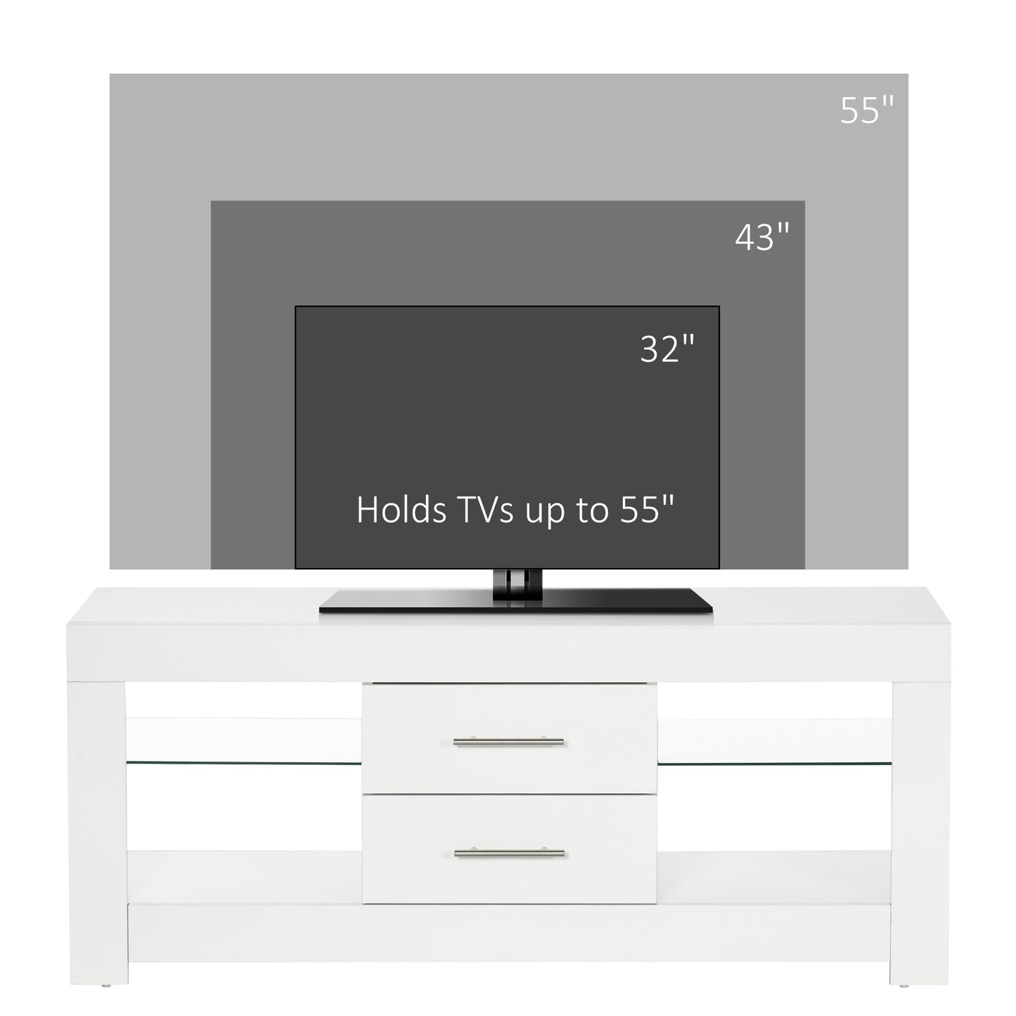 55" TV Stand with 12 Color LED Lights and Remote Control, Wood and Glass 120x40x50cm, White