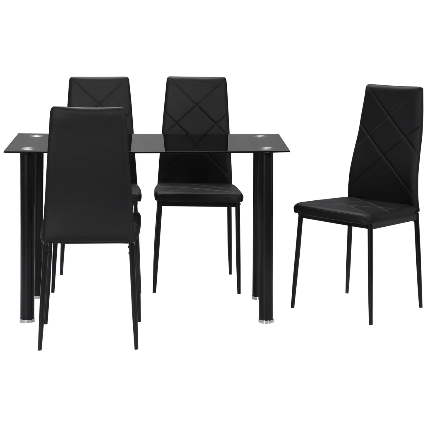 Dining Table Set with 4 Chairs, Glass Top and Faux Leather Upholstered Chairs, Black