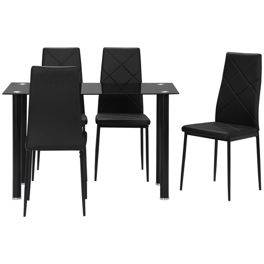 Dining Table Set with 4 Chairs, Glass Top and Faux Leather Upholstered Chairs, Black