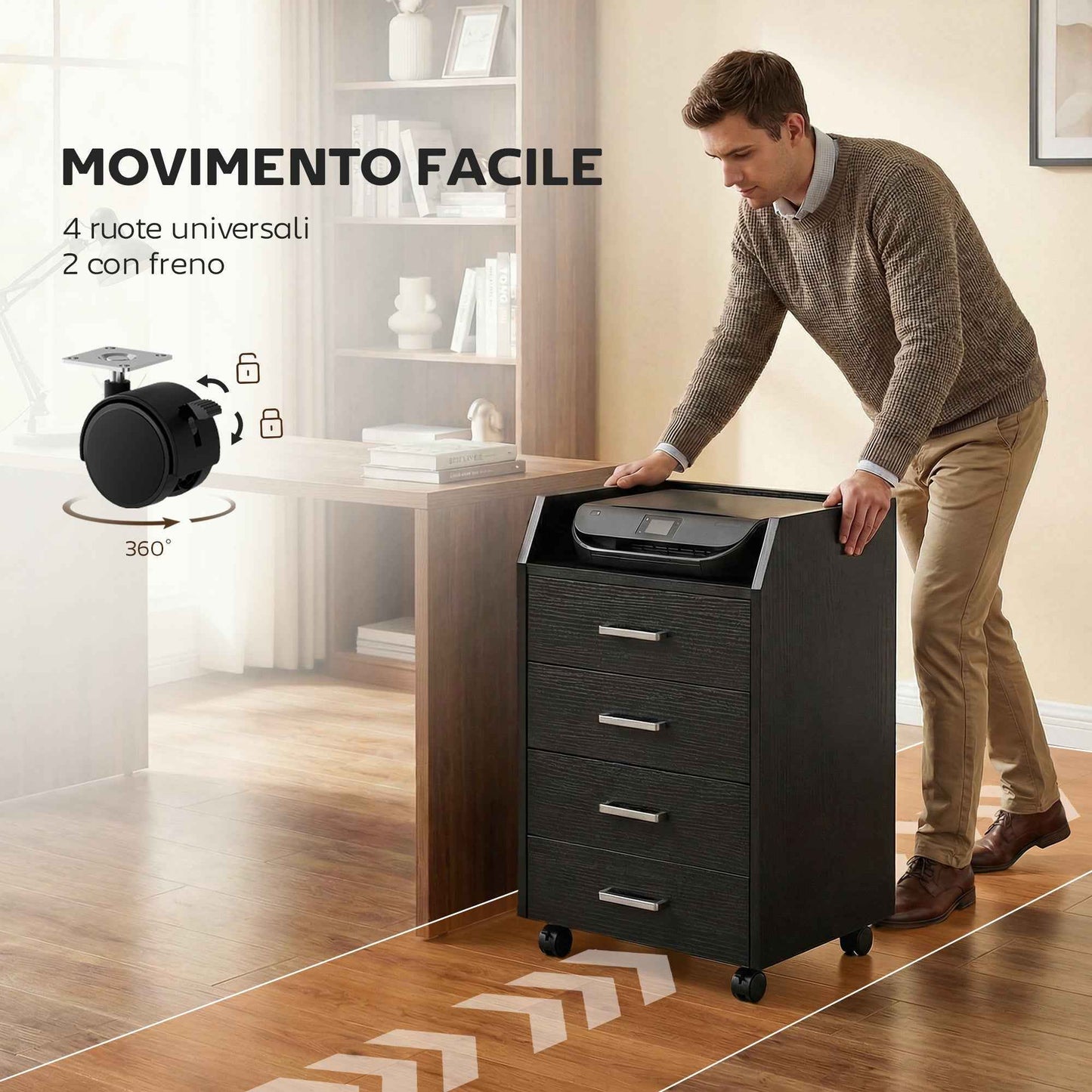Small Chest of Drawers with 4 Drawers, Vertical Cabinet on Wheels, 40 x 36 x 65 cm, Black Wood Effect