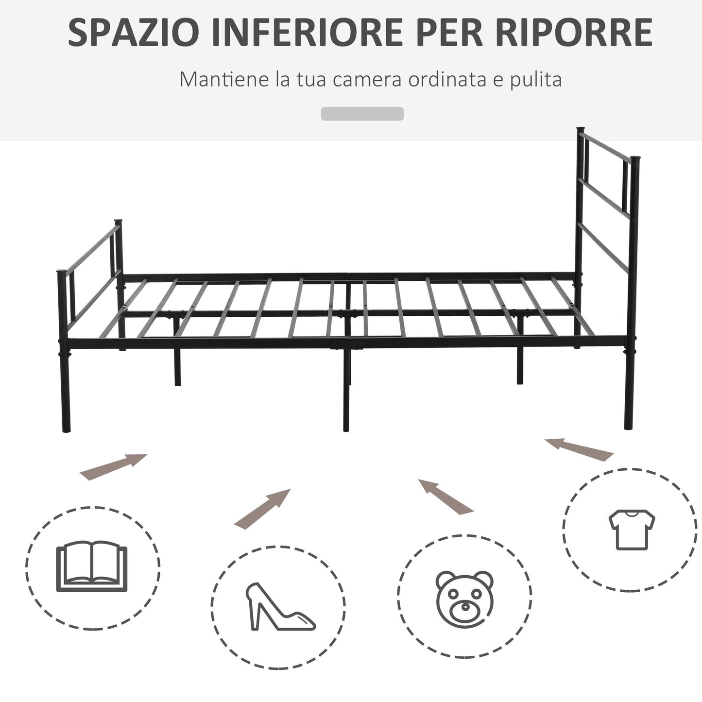 Black Double Bed in Metal/Steel | 160x200cm with Slats, headboard and footboard