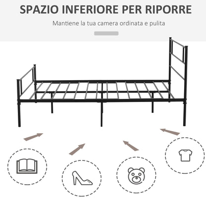 Black Double Bed in Metal/Steel | 160x200cm with Slats, headboard and footboard