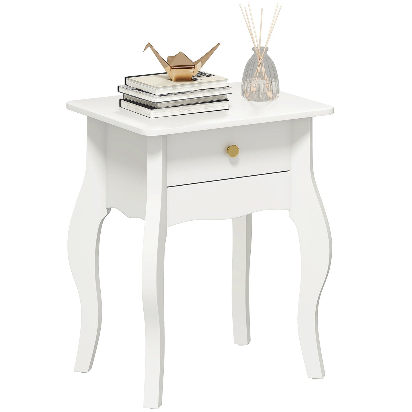 French Style Coffee Table with Drawer and Curved Legs, 45x35x55 cm, White