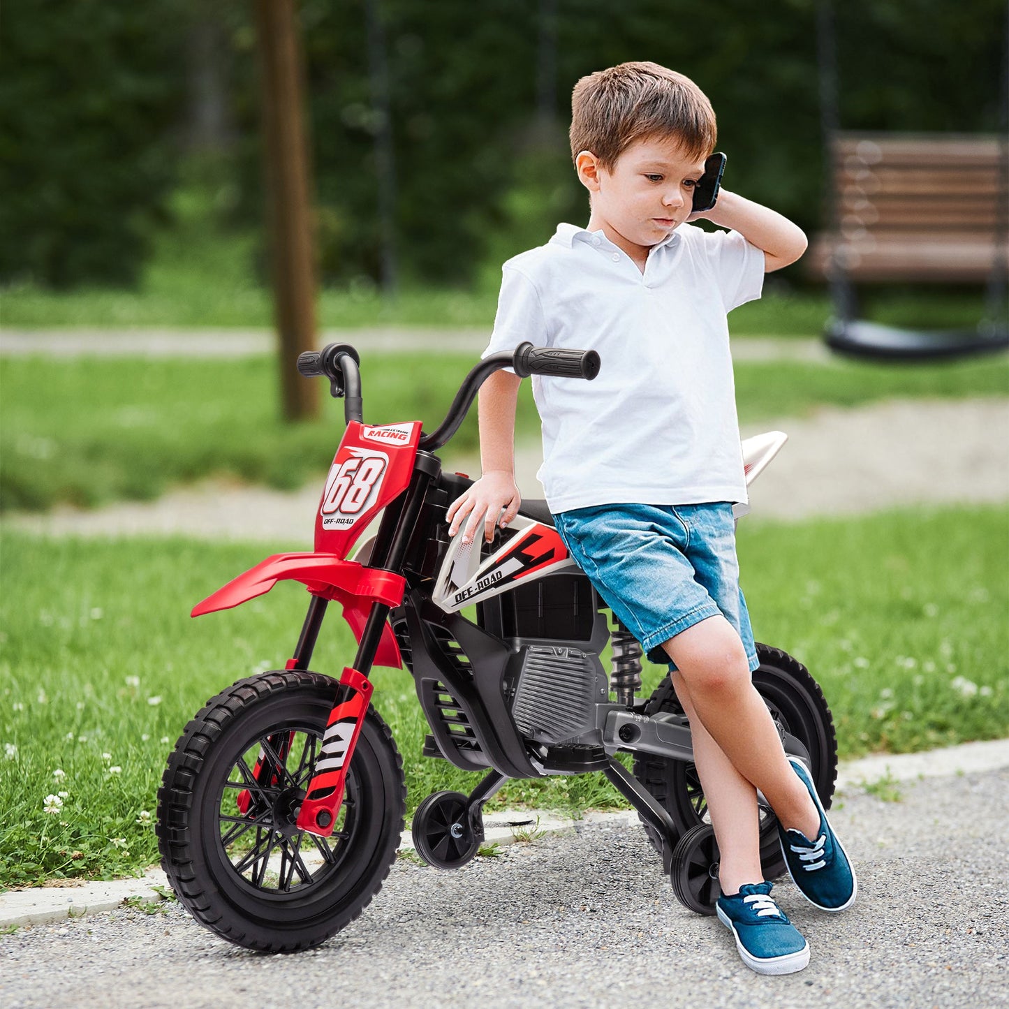 Electric Motorcycle for Children with Training Wheels and Charge Indicator, Made of PP and Metal, 107x56x70 cm, Red