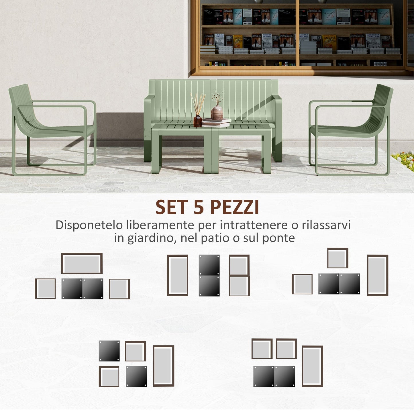 5 Piece Slatted Garden Set with Sofa, 2 Armchairs and 2 Coffee Tables in Green Polypropylene