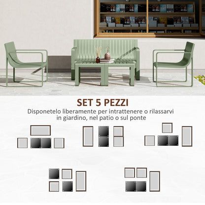 5 Piece Slatted Garden Set with Sofa, 2 Armchairs and 2 Coffee Tables in Green Polypropylene