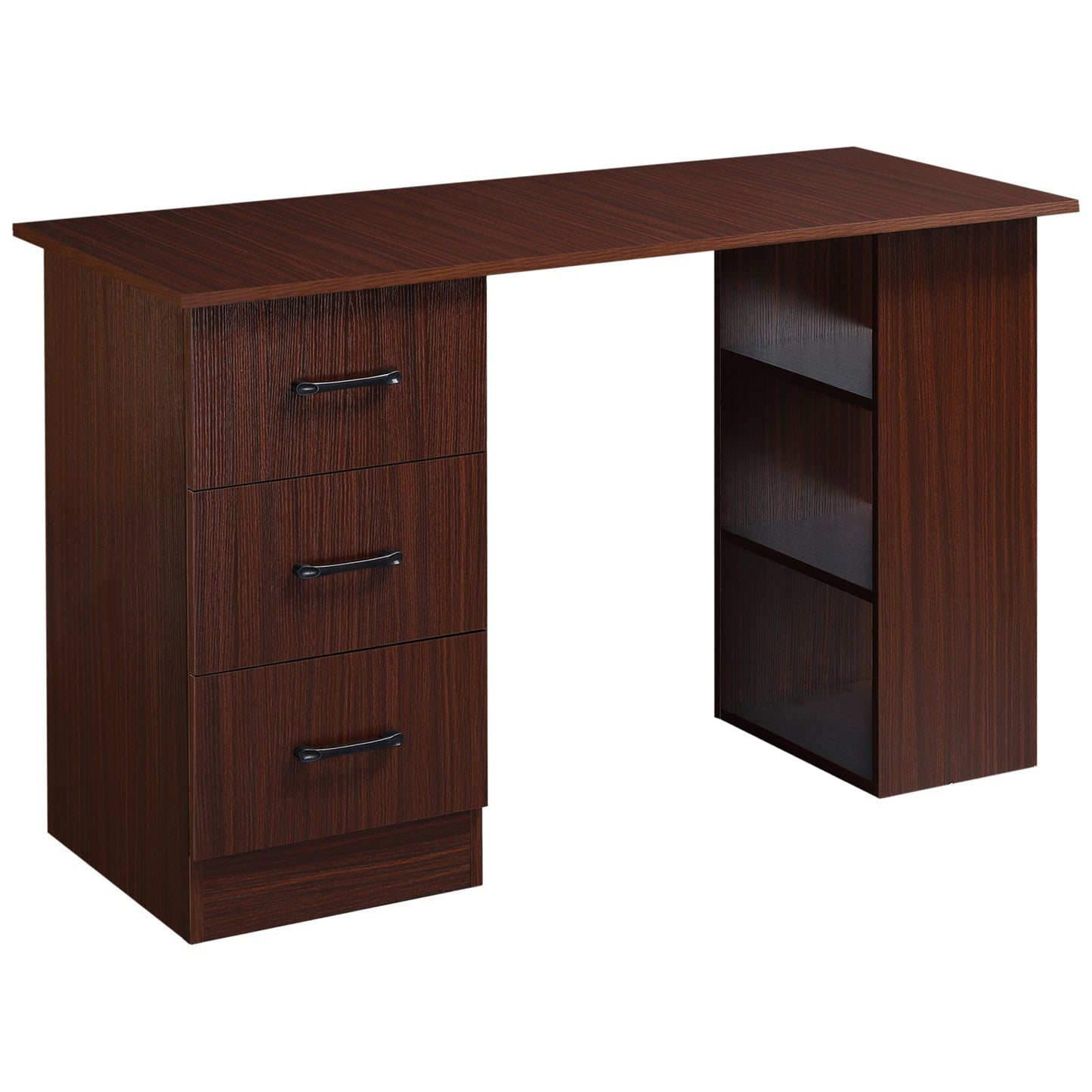 Office Desk with 3 Drawers and 3 Reversible Wooden Shelves, 120x49x72cm, Walnut