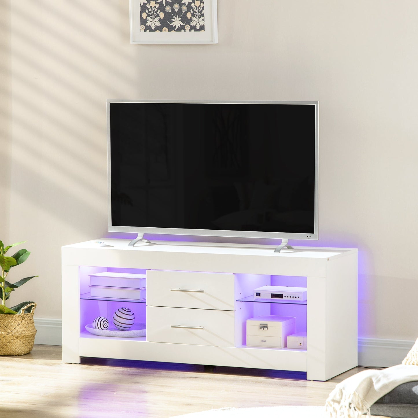 55" TV Stand with 12 Color LED Lights and Remote Control, Wood and Glass 120x40x50cm, White