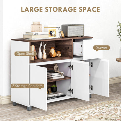 Modern Wooden Kitchen Sideboard with Cabinets, Drawer and Open Compartment, 105x39x83cm, White