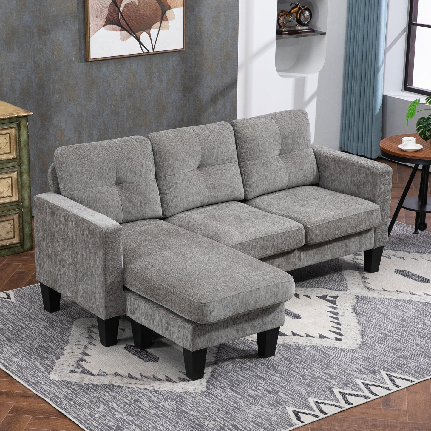 3-Seater Corner Sofa with Seat and Back Cushion, in Chenille Effect Fabric, 186x130x84 cm, Taupe