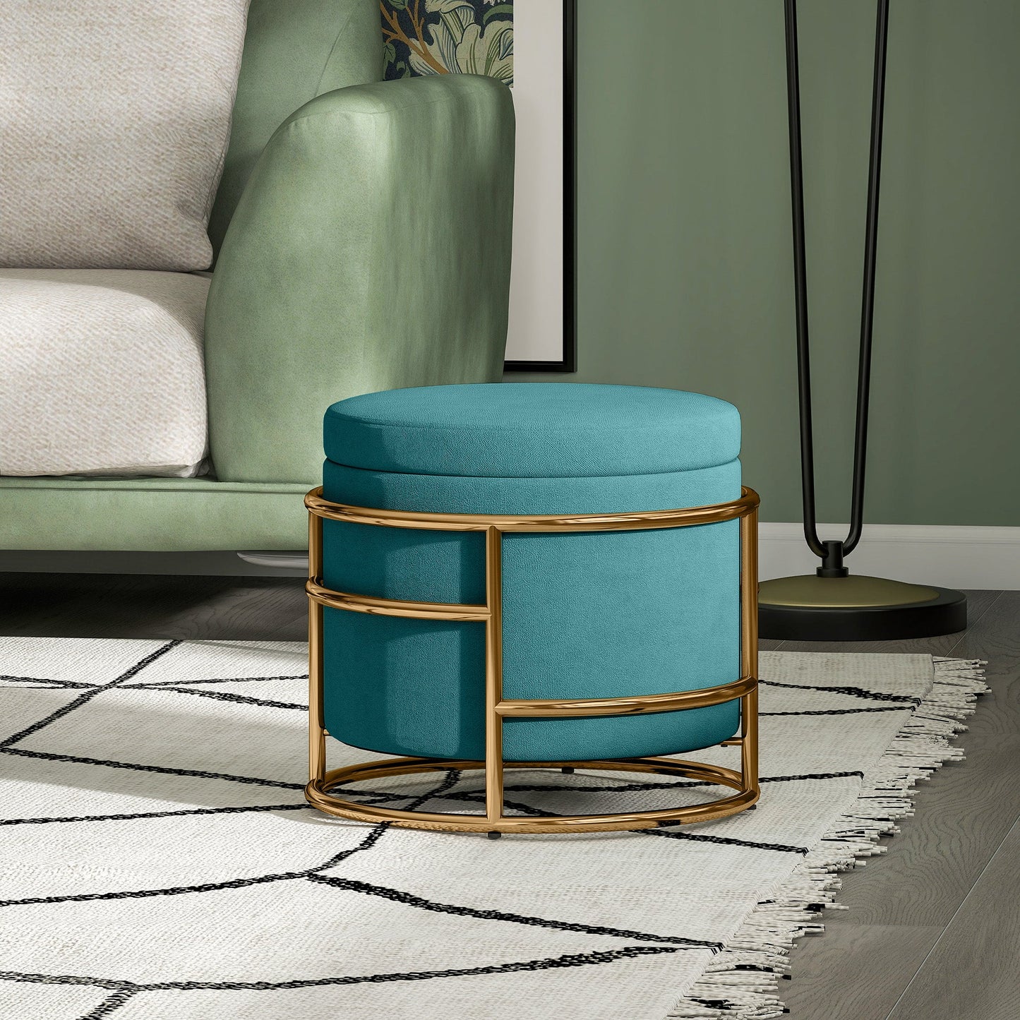 Round Velvet Storage Ottoman with 24L Compartment and Removable Lid, Ø42x39 cm, Green