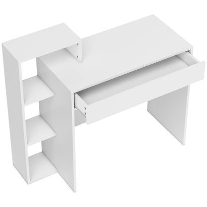 Modern PC Desk with 3 Open Shelves and Drawer, White Wood, 100x40x90 cm