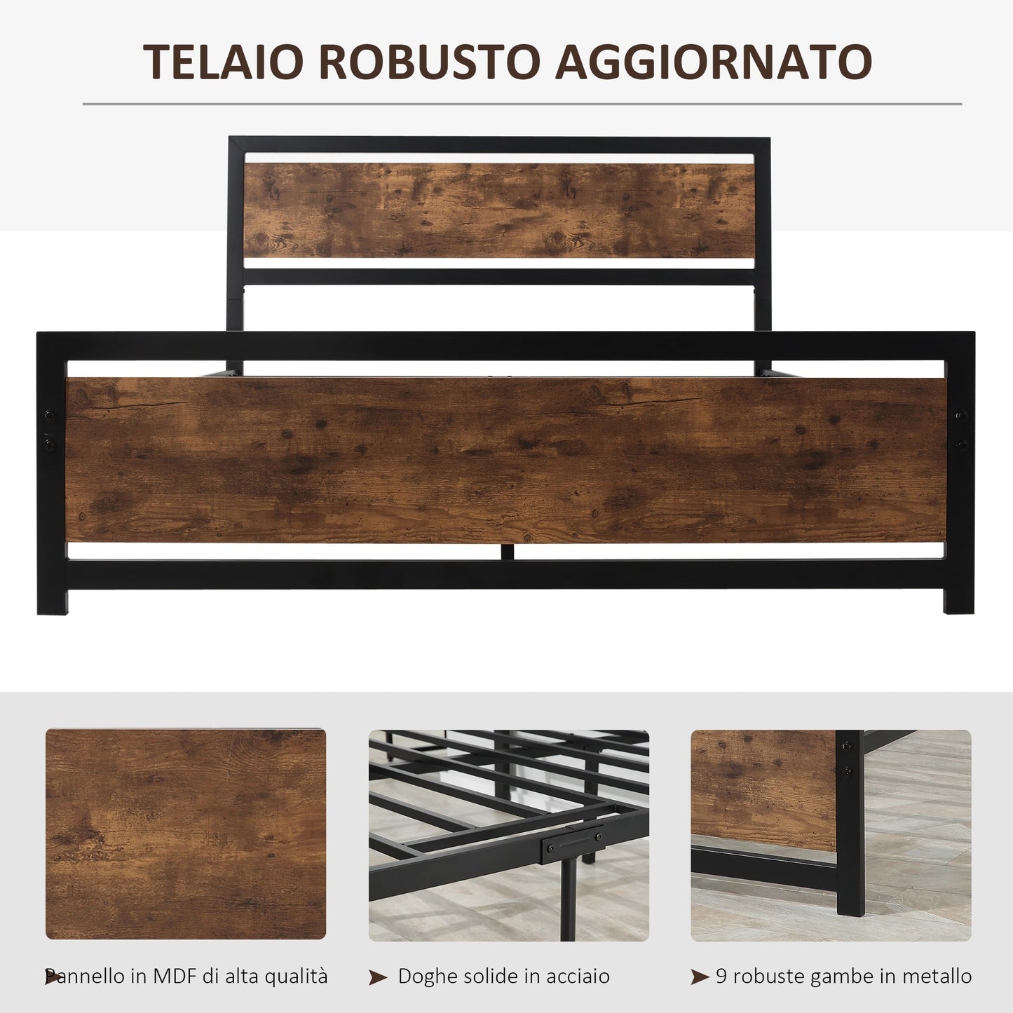 Industrial Style Wooden and Steel Double Bed Frame with Slats, 160x200cm