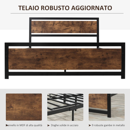 Industrial Style Wooden and Steel Double Bed Frame with Slats, 160x200cm
