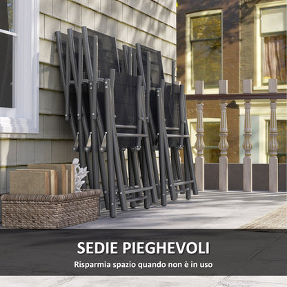 Garden Set with Extendable Glass Table and 6 Folding Outdoor Chairs, Steel and Textilene, Grey