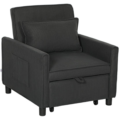 Reclining Armchair Bed with Side Pockets, in Velvet Effect Fabric, 74x84x81 cm, Dark Gray