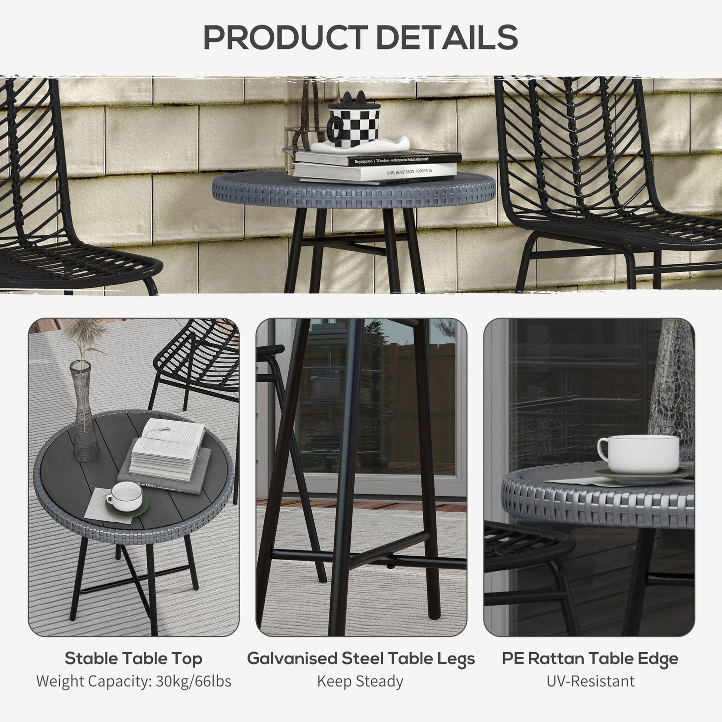 Modern Garden Coffee Table with Wood Plastic Top, Rattan and Steel, 50x50x55 cm, Grey and Black