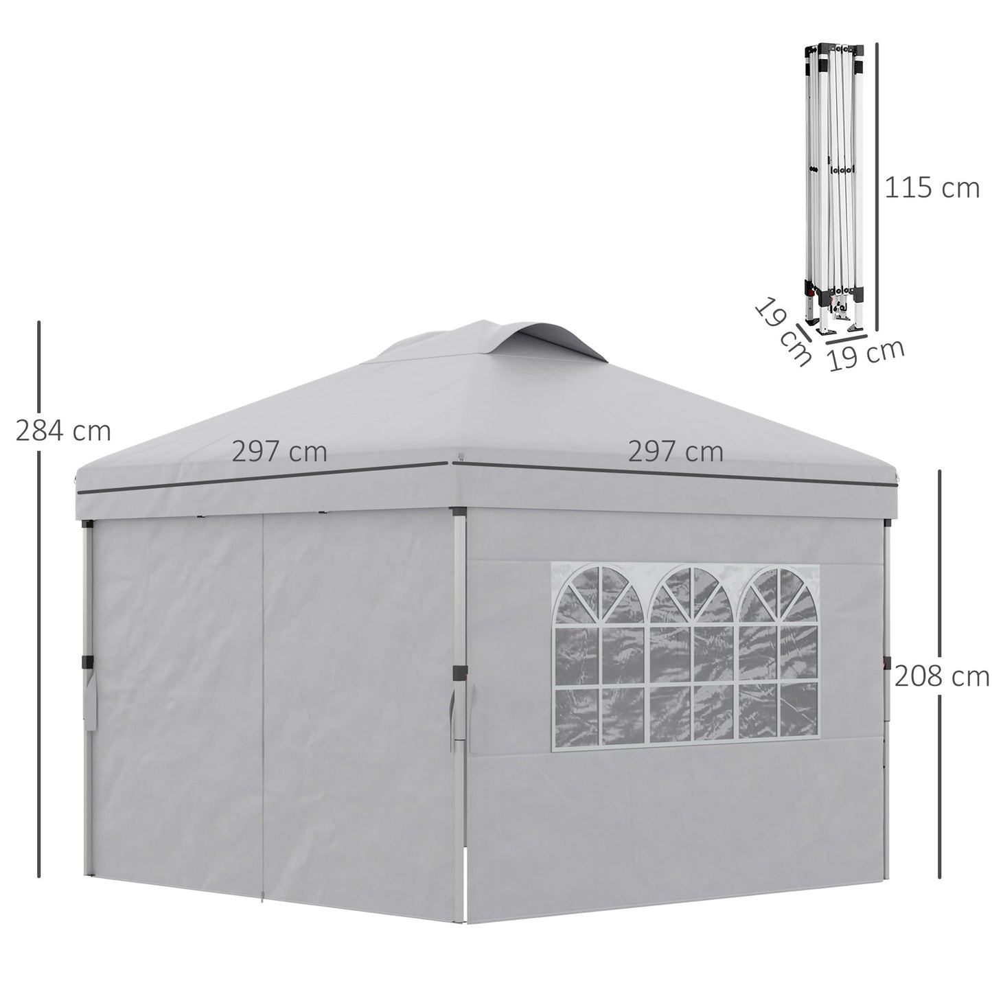3x3m Folding Gazebo with 3-Level Adjustable Height, Windows and Carry Bag, Light Grey