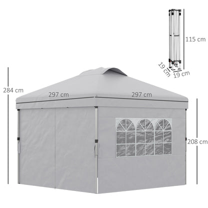 3x3m Folding Gazebo with 3-Level Adjustable Height, Windows and Carry Bag, Light Grey