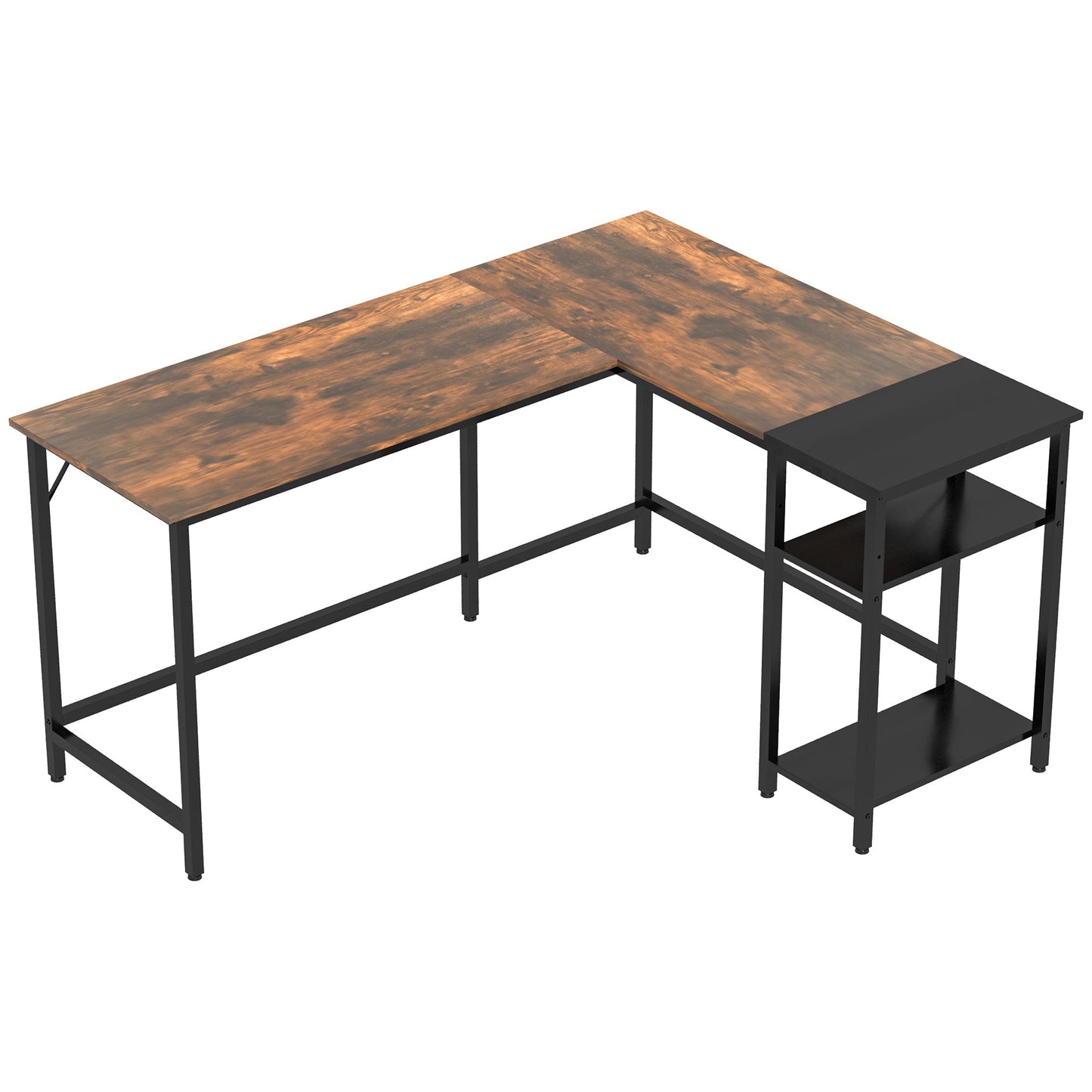 angular desk for industrial style computer with black side shelf