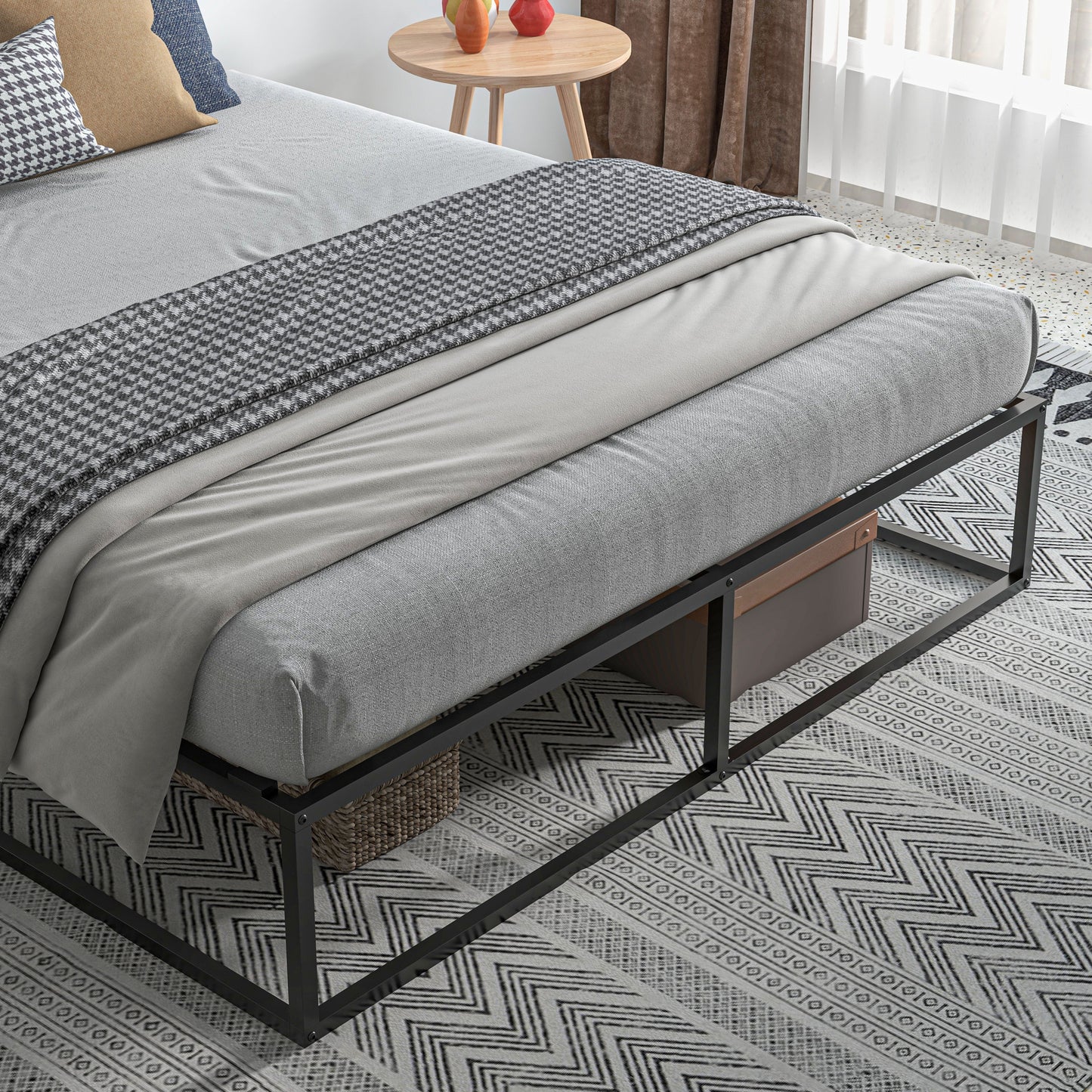 Bed Frame with Plywood Slats and Lower Container, 190x160x35cm, Black and Wood Color