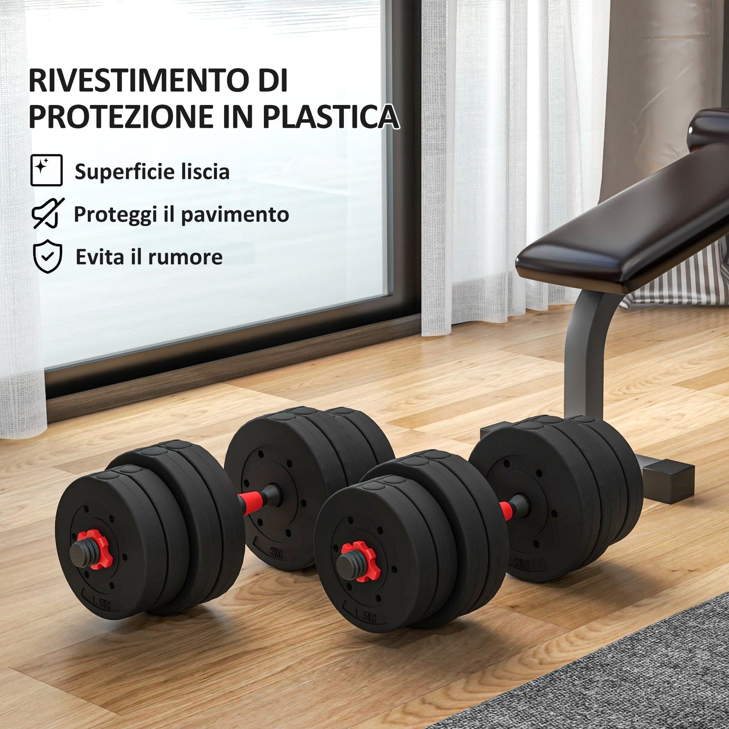 Set of 2 Non-Slip Dumbbells with 16 Weight Discs of 30 kg Total and Connector, in Steel, HDPE and Sand, Black