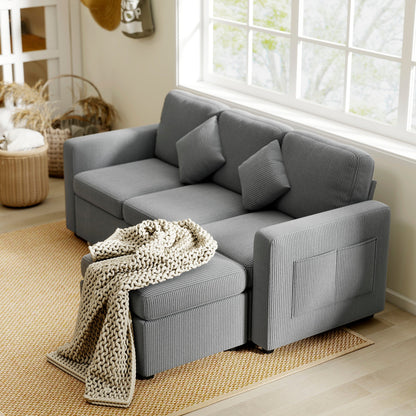 3-Seater Modular Sofa with Storage Pouf in Corduroy, 196x139x85 cm, Light Grey