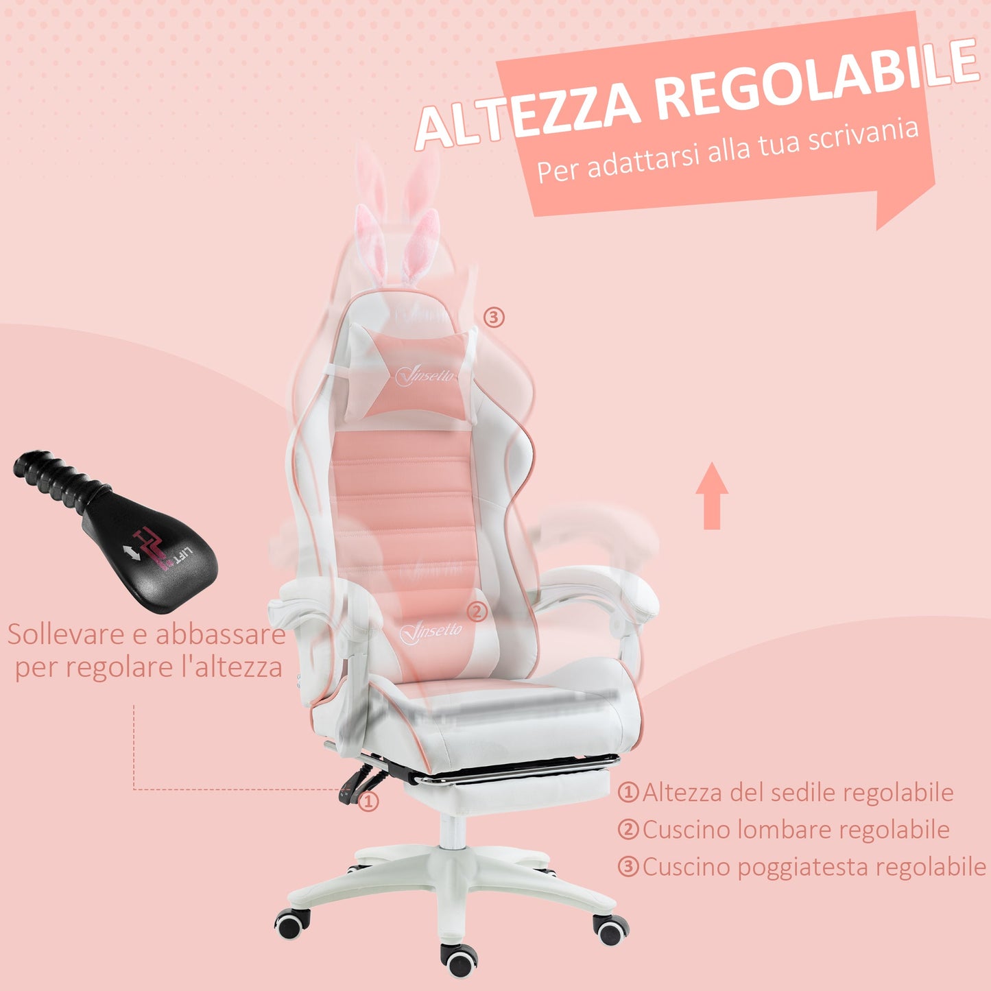 Ergonomic Gaming Chair with Ears, Removable Footrest, Lumbar Cushion and Headrest, Pink
