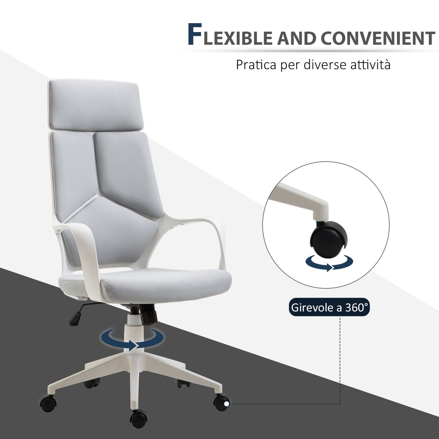 Office Chair with Rocking Function, Adjustable and Swivel Fabric Presidential Chair, 63x63x117-127 cm, Grey