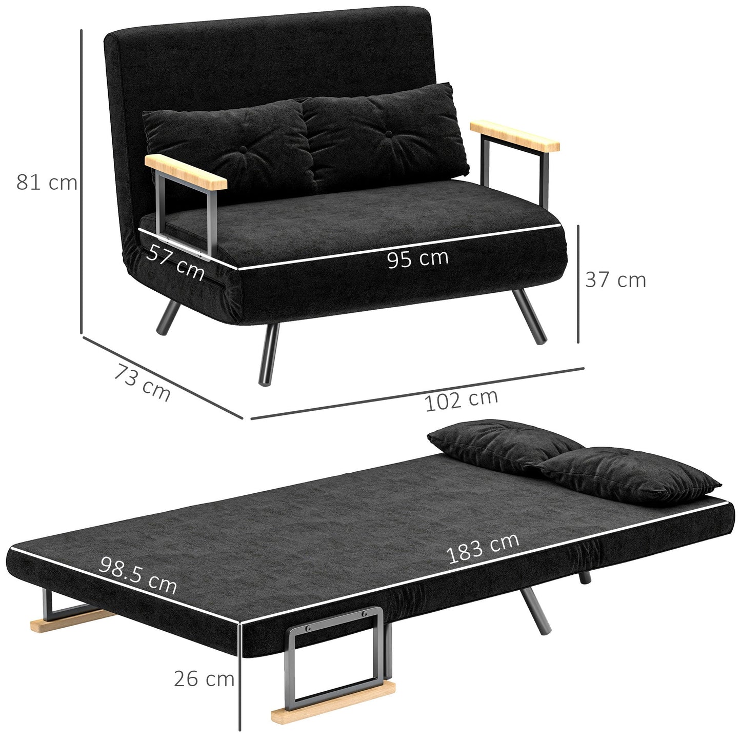 3 in 1 Velvet Fabric Sofa Bed with Adjustable Backrest and 2 Cushions, 102x73x81 cm, Black